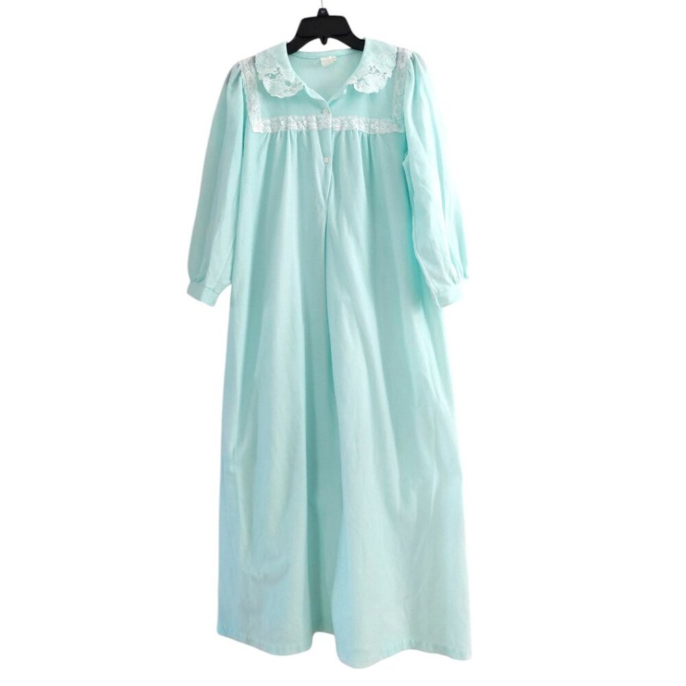 Merville Nightgown Women M Blue Long Lightweight Long Sleeve Lace Embroidery VTG